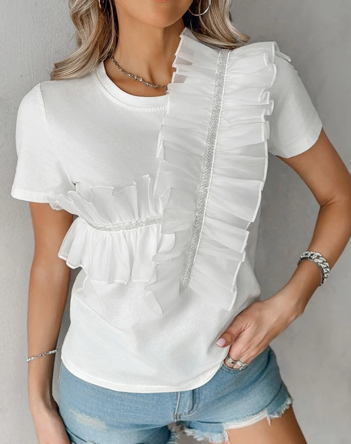 

Women Blouse Tops Casual Daily Solid Color Sheer Mesh Patch Ruffle Hem Round Neck Short Sleeve T-Shirt Tops Fashion Summer Tops