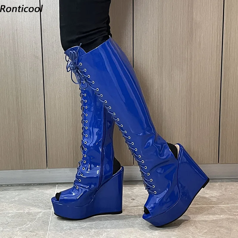 

Ronticool Handmade Women Spring Knee Boots Patent Leather Wedges Heels Peep Toe Beautiful Blue Red Shoes Plus US Size 5-20