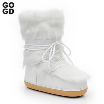 GOGD Women’s Snow Boots New Platform Winter Plush Warm Mid-Calf Boots Ski Boots Fluffy Hairy Lace Up Shoes Waterproof Flat White
