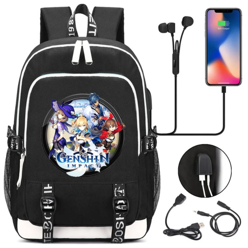 

Ударопрочный рюкзак Game Genshin для мужчин и женщин, дорожный ранец для ноутбука с USB-разъемом, школьные ранцы для мальчиков и девочек, повседневные женские сумки на ремне