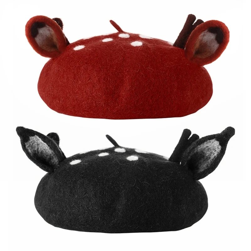 

F42F Women Christmas Cap 3D Reindeer Antler Ears Faux Felt Painter Hat