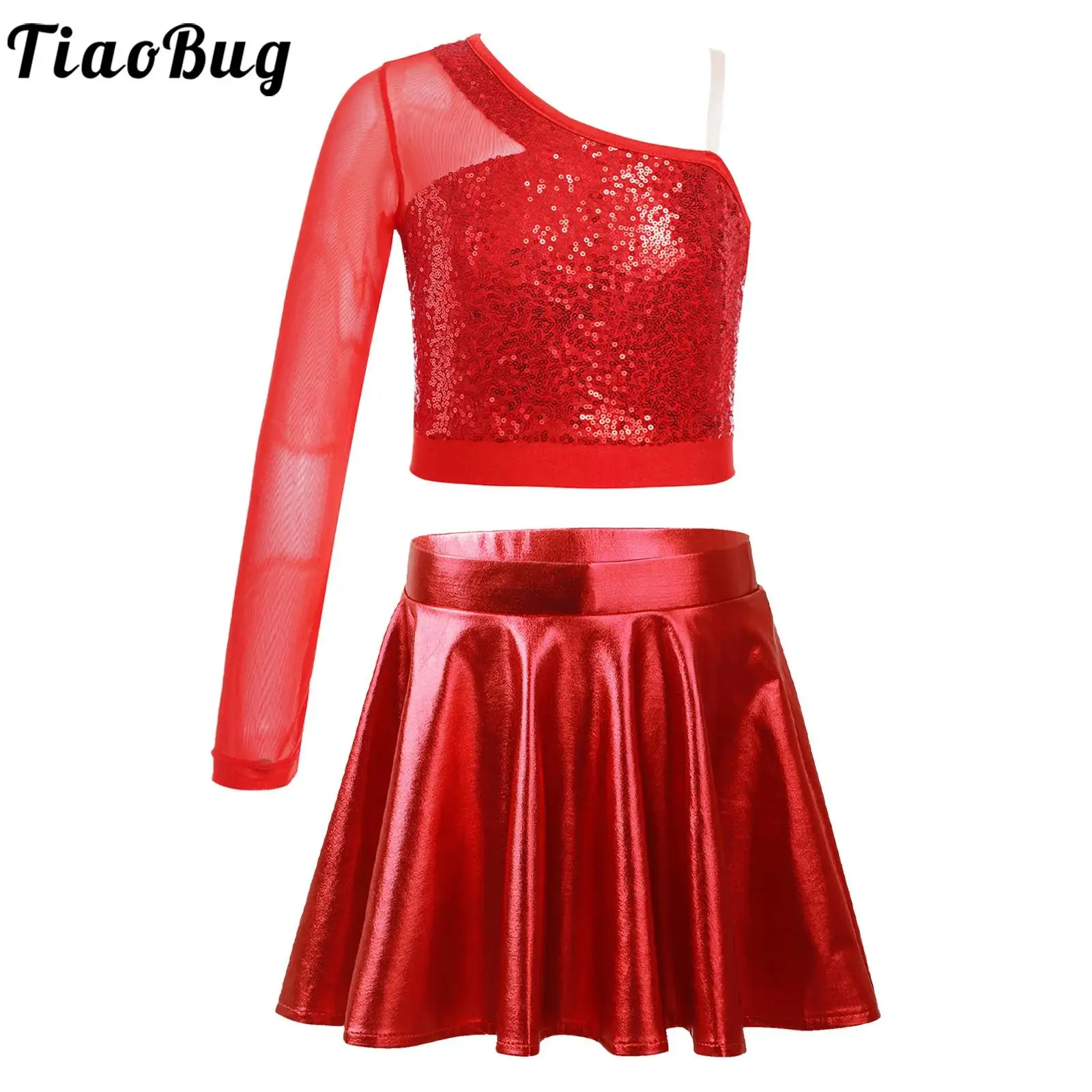 

Kids Girls Latin Jazz Dance Outfits Shiny Sequins Crop Top with Skirt School Rave Party Cheerleading Stage Performance Dancewear