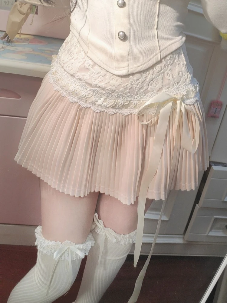 

Pink Kawaii Bow Pleated Skirt Women 2024 Elastic Lace Korean Casual Cake Skirt Female Strappy Kawaii Elegant Party Mini Skirts