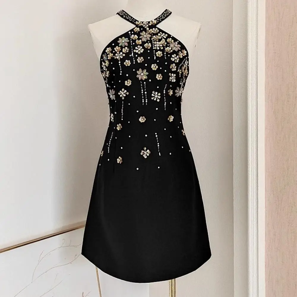 

Vintage Luxury Design Flower Diamants Beading Short Dress Femme Hand Sewn Beaded Sleeveless Vest Hanging Neck Black Dress 2024