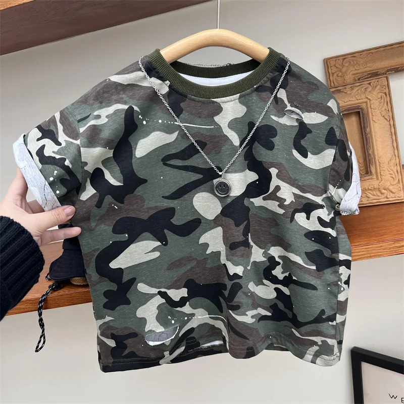 

Children Clothing American Camo Personality T Shirt 2023 Summer New Boys Girls Fashion Cool Handsome All Match Short Sleeved