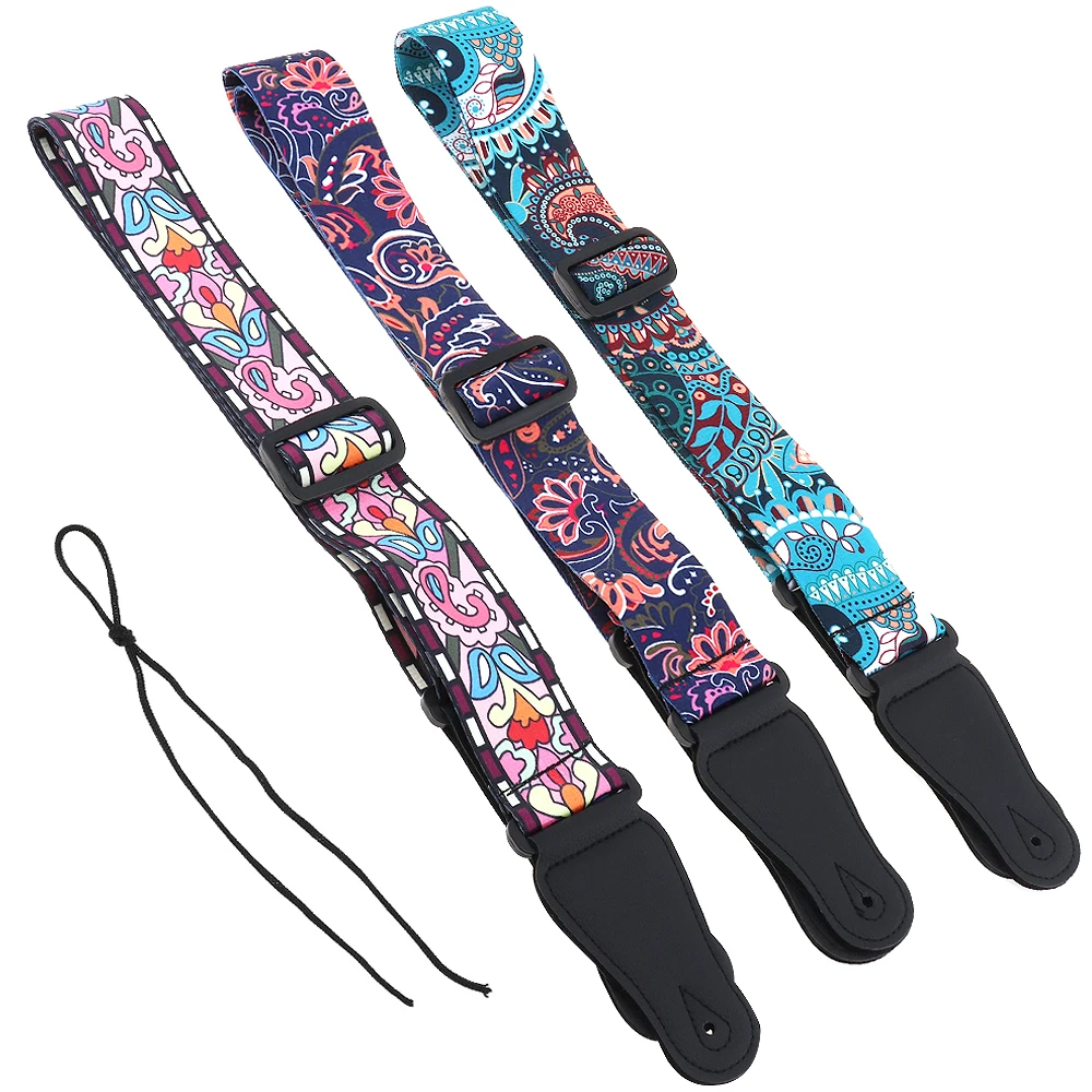 

Adjustable Printing Guitar Strap with National Style Flowers Pattern 3 Colors Optional for Acoustic Folk Electric Bass Guitar
