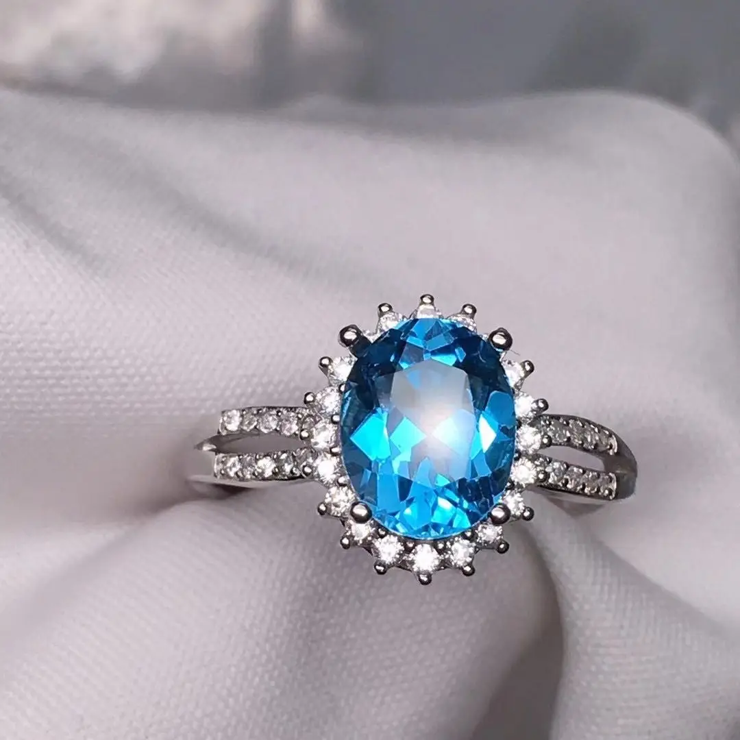 

Best Seller Sweet Silver Ring For Woman With Natural Switzerland Blue Topaz Gemstone 7*9mm For Woman Dating Best Lady Gift