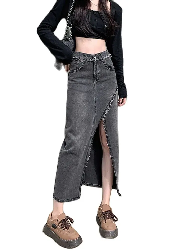 

Women's A-Line Denim Skirts Y2k Harajuku Korean Long Jean Skirts Vintage High Waist Black Skirt with Slit 2000s Clothes Summer