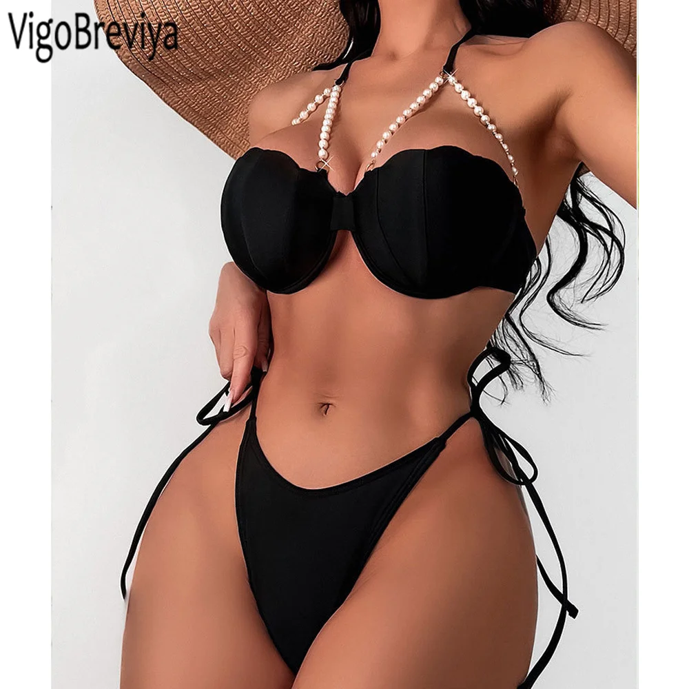 

Vigoкоротya 2023, черный купальник с лямкой на шее, женский сексуальный комплект бикини с высоким вырезом и завязками, купальник пуш-ап с открытой спиной, пляжный купальный костюм
