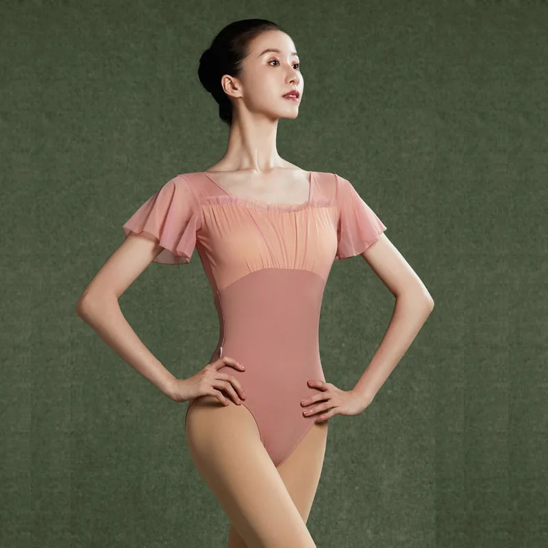 

New Ballet Leotard Women Ruffles Sleeve Mesh Splice V Back Leotards Gymnastics Swimwear Dance Costume Ballerina Dancewear