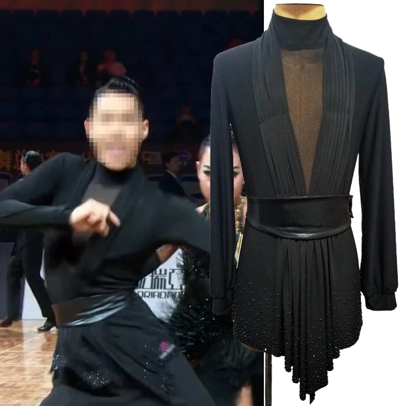 

Male Latin Dance Competition Tops Black Rhinestone Ballroom Dance Shirt Adult ChaCha Tango Rumba Performance Costume VDB6248