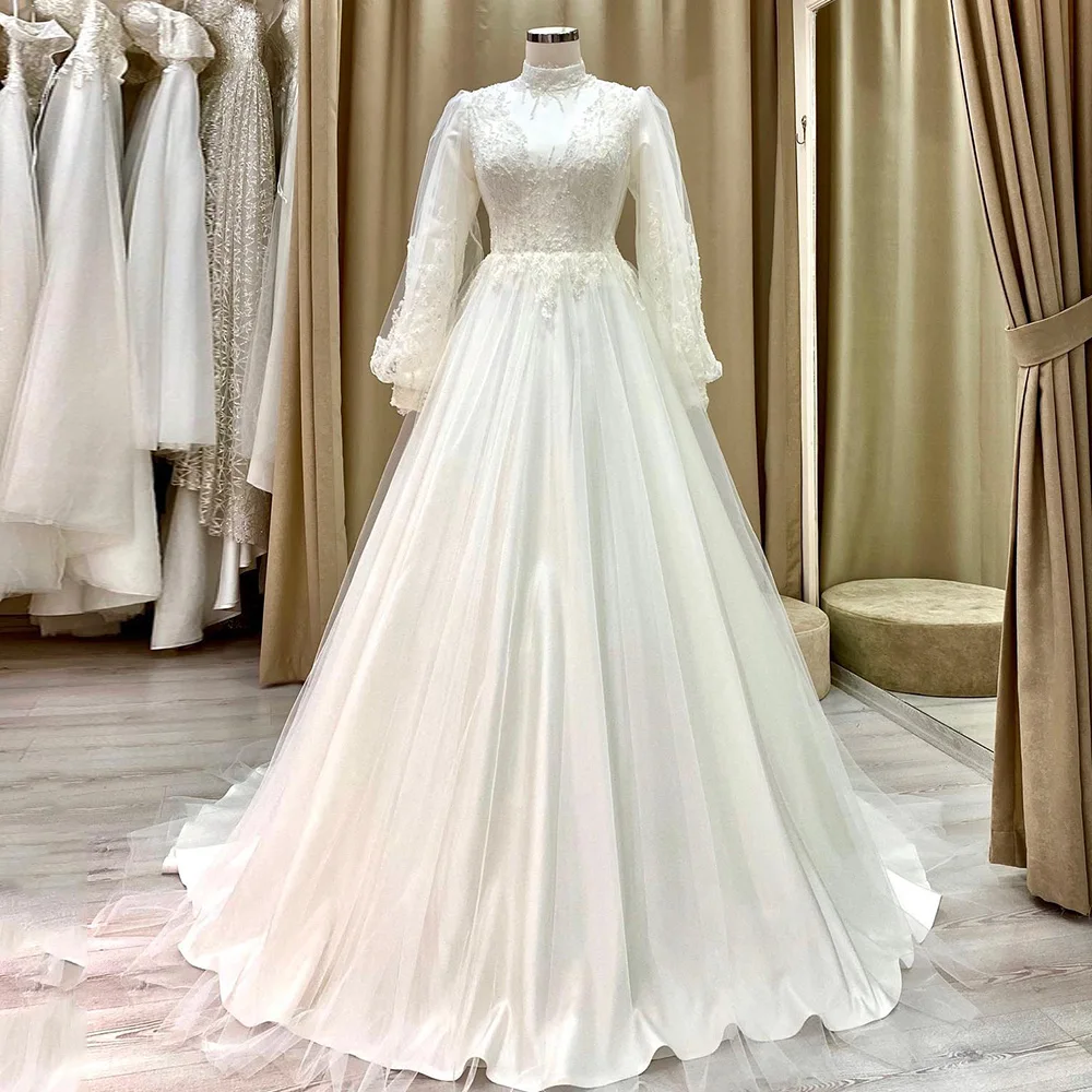 

Muslim Wedding Party Gown Lace Applique A-Line Long Wedding Dresses For Women Full Sleeves Tulle Sweep Train vestido de novia
