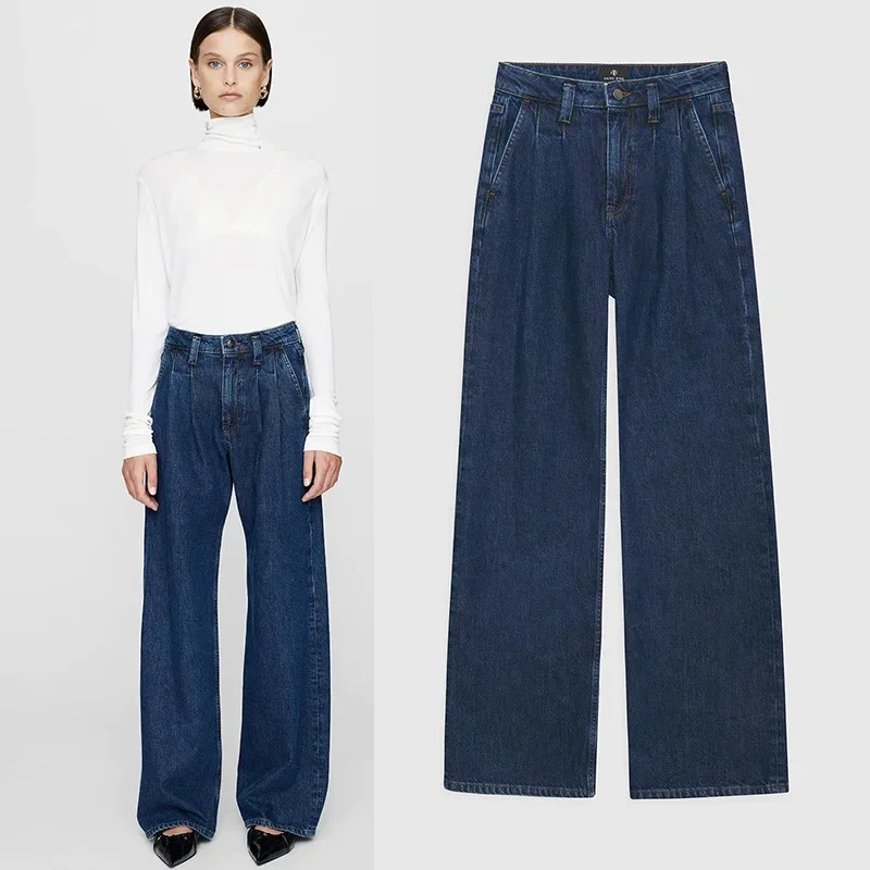 

Женские винтажные джинсы с широкими штанинами, повседневные свободные прямые брюки с высокой талией и эффектом потертости, Осень-зима 2023
