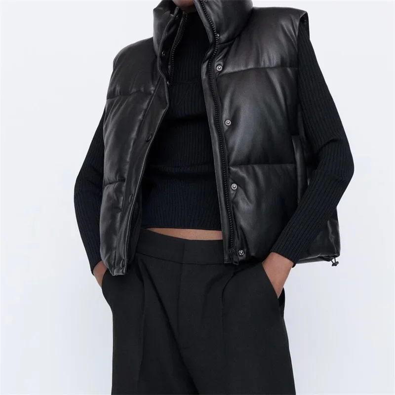 

Fashion Streetwear Women Puffy Vest Winter Thick Parkas Jacket Black PU Female Coats Faux Leather Down Waistcoat Loose Lady Vest