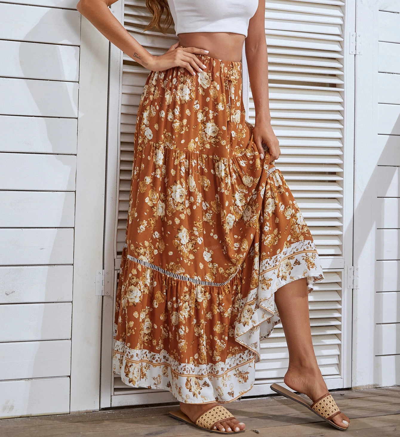 

TEELYNN Vintage A-Line Loose Long Skirt Summer Boho Beach Wear Falda Mujer Casual Cotton Rayon Floral Print Maxi Skirt for Women