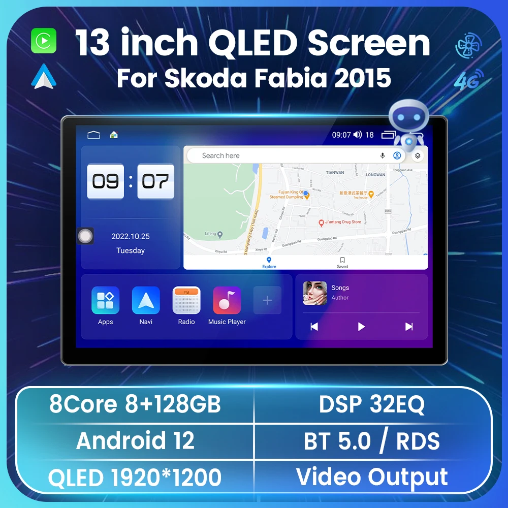 

Автомобильный стерео-радиоприемник QLED, экран 13 дюймов, 2K, для Skoda Fabia 2015-2019, DSP 4G LTE, система охлаждения, вентилятор Android 12, GPS-навигация, 2Din