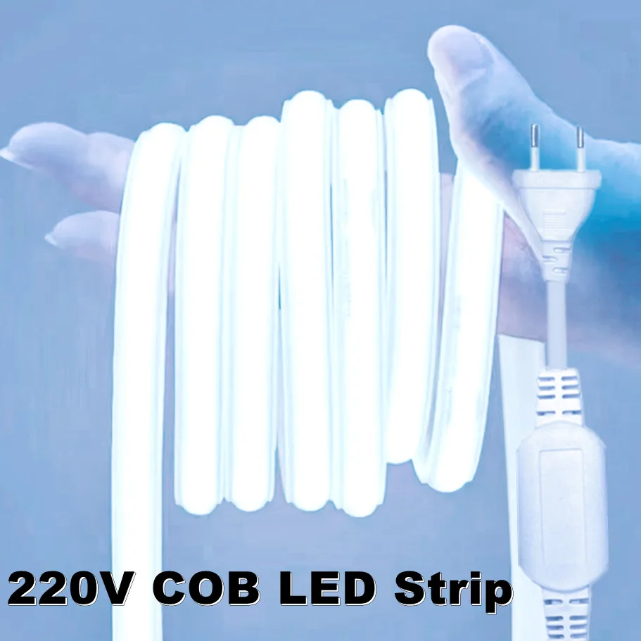 

COB LED Strip Light 288leds/M 220V EU Plug RA90 warm white 3000K 4500K 6500K Flexible LED Tape For Bedroom Kitchen IP65 Waterpr
