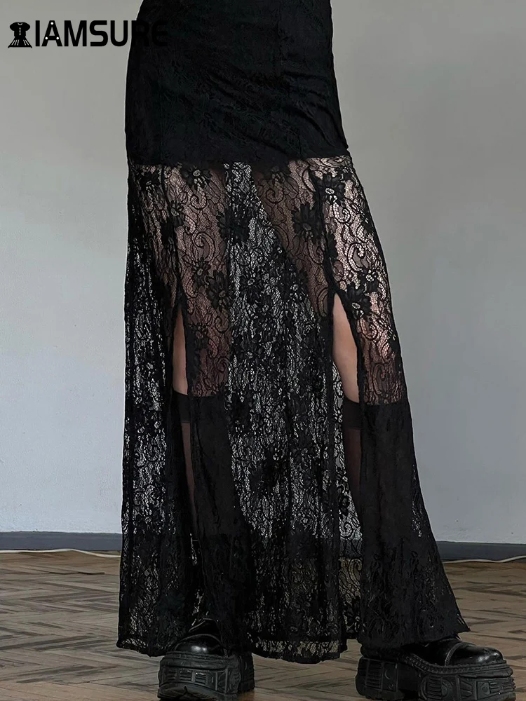 

IAMSURE Elegant Sexy Patchwork Lace Split Skirt Slim See Through High Waisted Maxi Skirts Women 2023 Summer Fashion Streetwear