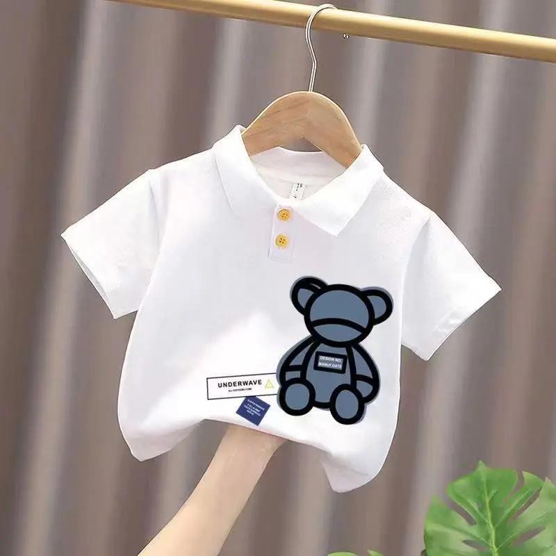 

Boys And Girls Short Sleeve T-shirt All Cotton White Fashionable Middle School Childrens Cartoon Little Bear Baby Polo Shirts