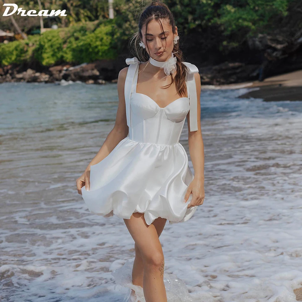 

DREAM Mini Short Satin Wedding Dresses Victorial Boning Above Knee Vintage Bridal Gowns Chic Backless Beach Boho Bride Dress