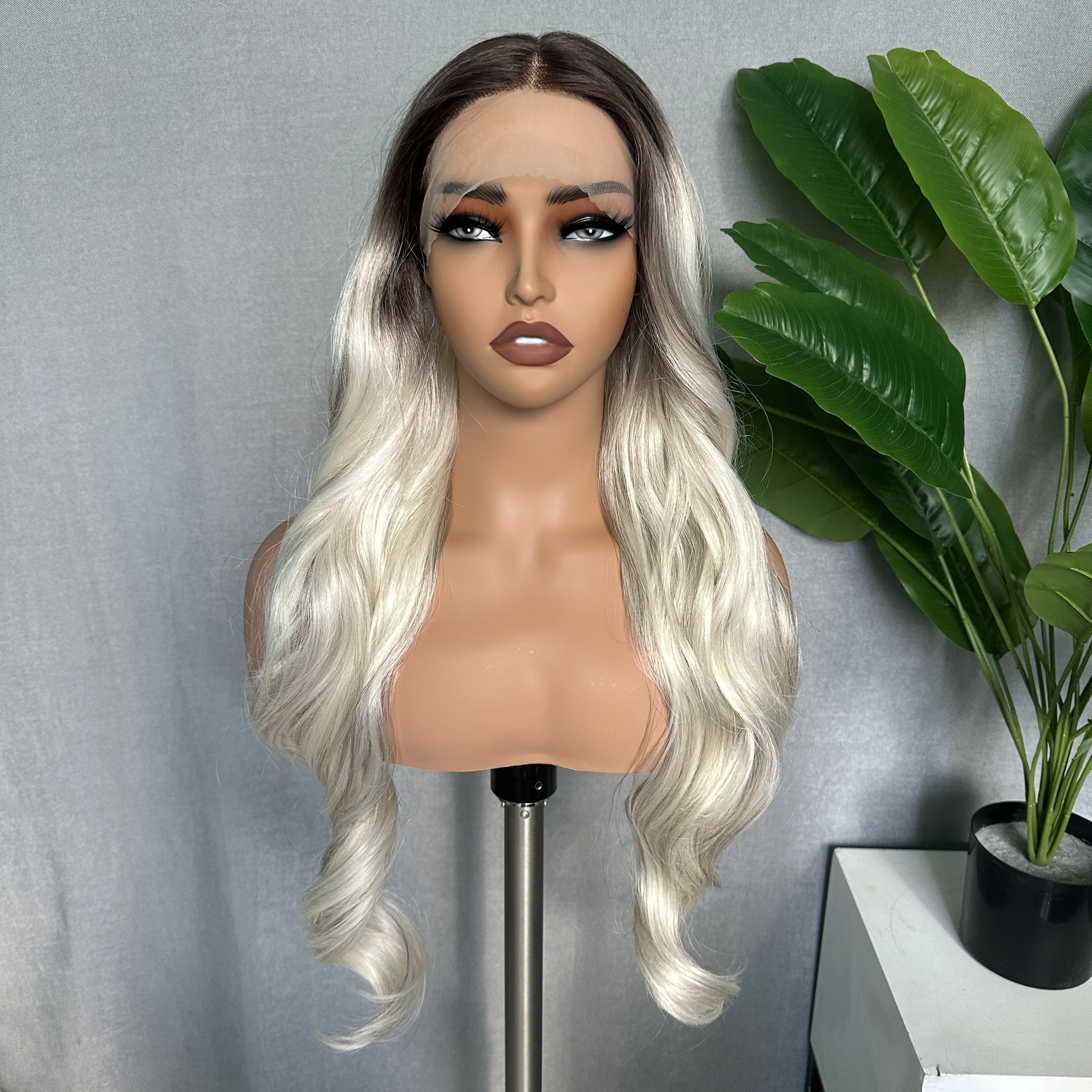 

SOKU Middle Part Lace Front Wigs Ombre Platinum Blonde Wavy Wig with Baby Hair for Women Realistic Natural Looking for Daily Use