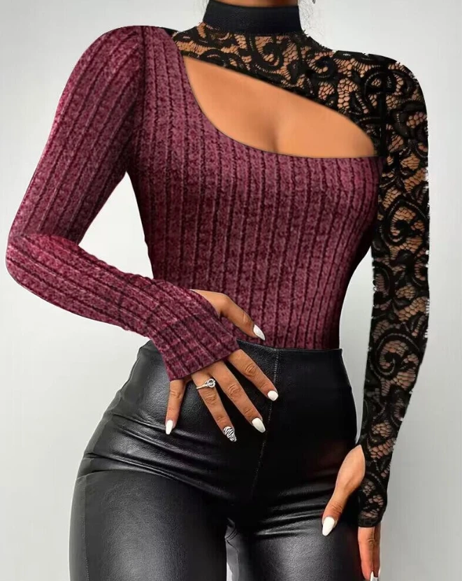 

Woman Sexy Semi-Sheer Lace Patch Cutout Mock Neck Top Temperament Commuting Women's Casual Clothes Female Elegant Skinny T-Shirt