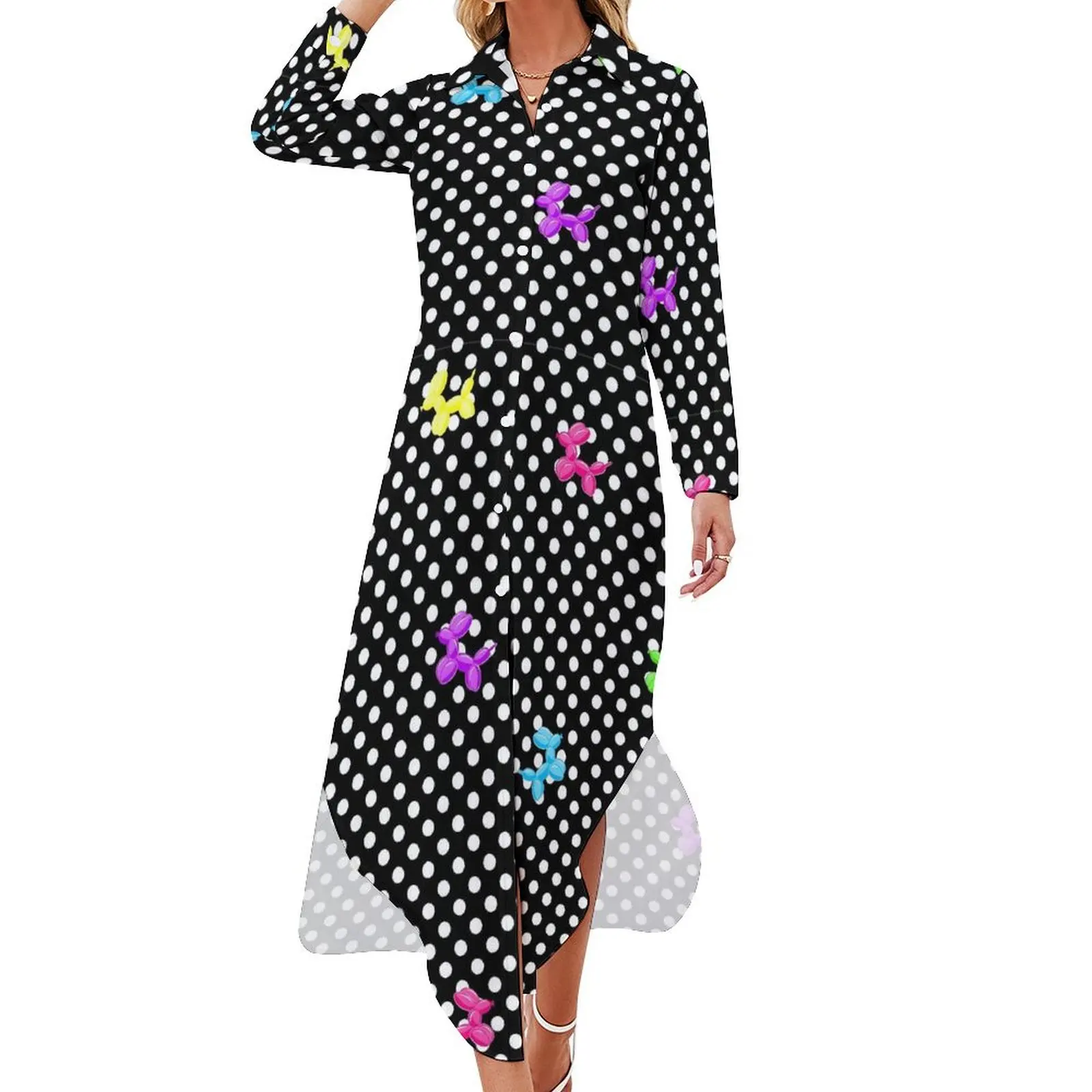 

Polka Dots Casual Dress Rainbow Balloon Dog Aesthetic Dresses Long Sleeve Elegant Women V Neck Pattern Big Size Chiffon Dress