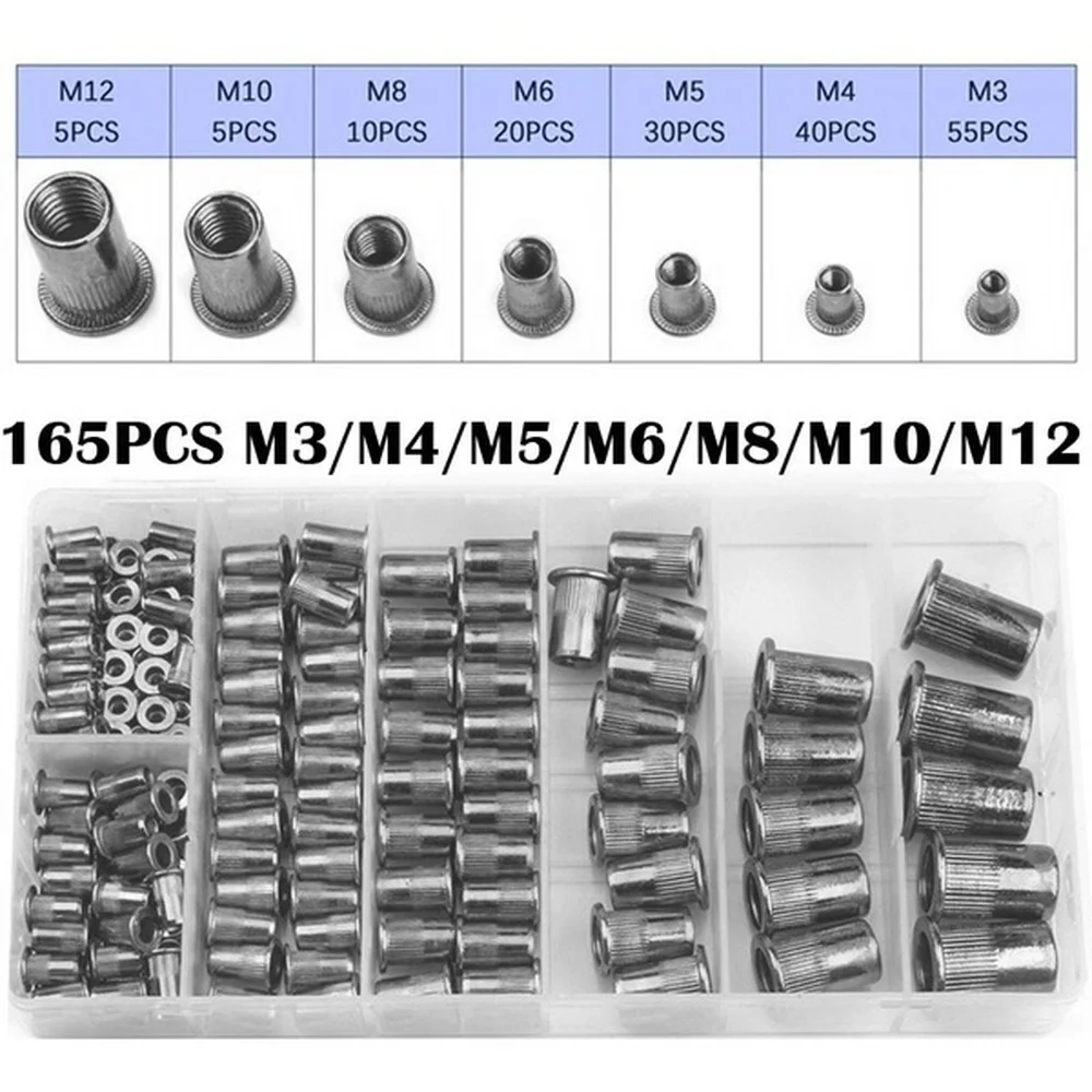 

165pcs M3 Mix Size Rivet Nuts M3 M4 M5 M6 M8 M10 M12 Aluminum Flat Head Insert Rivets with Plastic Box