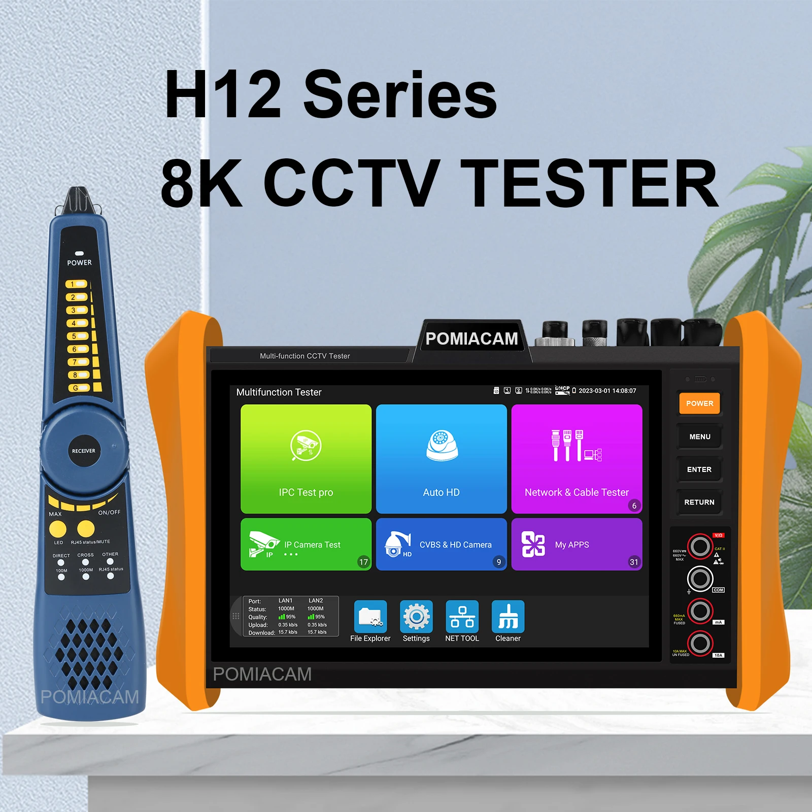 

H12CLMOVTADHSEF CCTV tester 8''screen 8MP CVI/ TVI/AHD/SDI HDMI/VGA input All-in-one 8K H.265 IP Camera Tester POE++,SFP module