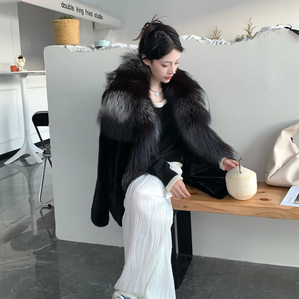 Denny&Dora Women's Mink Fur Coat Silver Fox Lapel Collar Woman Coat Black Fur Coat Denny&Dora Women's Mink Fur Coat Silver Fox Lapel Collar Woman Coat Black Fur Coat