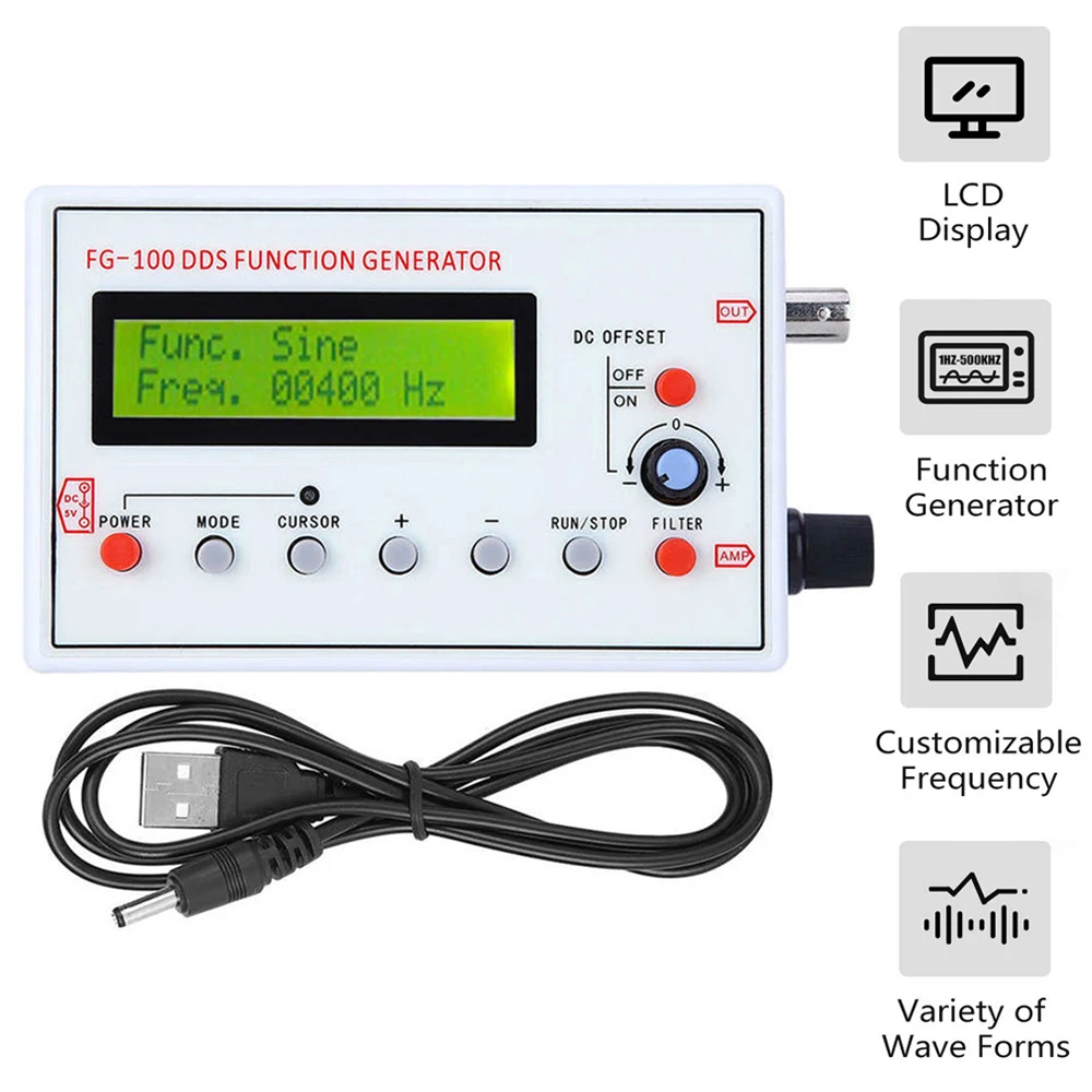 

FG-100 DDS Function Signal Generator Frequency Counter 1Hz - 500KHz Signal Source Module Square+Sine+Triangle+Sawtooth Waveform