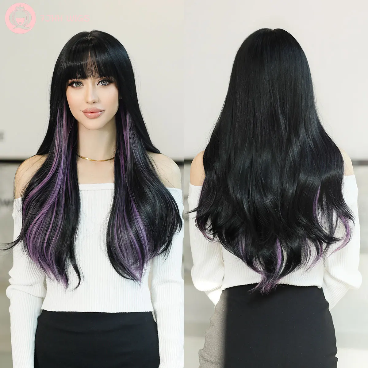

7JHH WIGS Long Wavy Curly Black Hair Wig for Women Daily Party Highlights Purple Synthetic Wigs with Fluffy Bangs Heat Resistant
