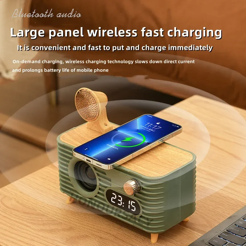 

Portable Mobile Phone 10W Wireless Charger Retro Bluetooth Speaker 360 Surround Sound Clock Speakers Aromatherapy Audio Gift