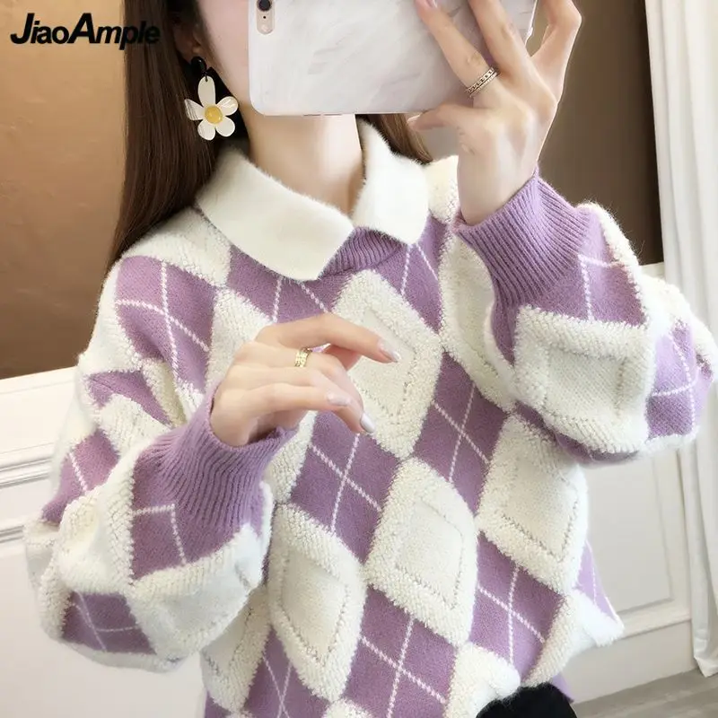 

Women Autumn Winter Sweet Purple Sweater Pullover Korean Lady Loose Peter Pan Collar Knit Tops 2023 New Arrival Knitwear Female