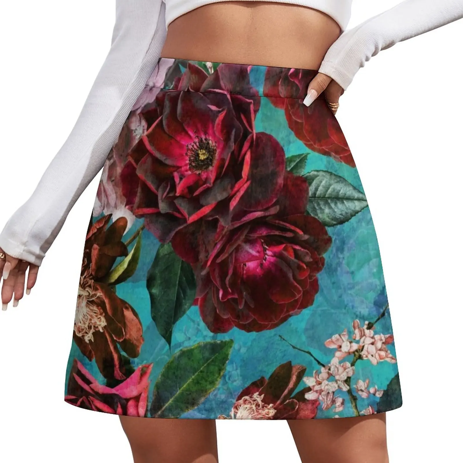 

Turquoise Vintage Summer Roses Garden Mini Skirt School uniform novelty in clothes