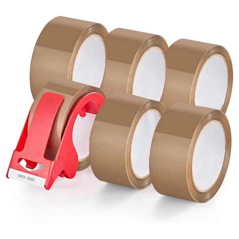 

6 Rolls Brown Packing Tape With Dispenser As Shown OPP 1.88 Inches Wide 60 Yards Per Roll Heavy Duty Packaging Tape Refills