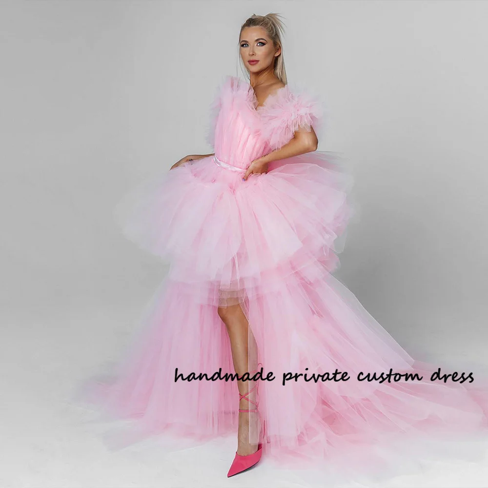 

Baby Pink Strapless High Low Evening Party Dresses Pleats Tiered Tulle Long Celebrate Prom Dress Customized Pageant Event Gowns