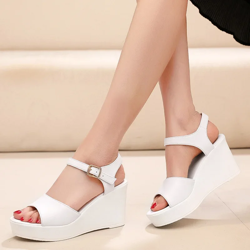 

11CM Fashion Genuine Leather Platform Sandals Women Dress Shoes 2024 Summer Beach Wedge Sandals Female Peep Toe Sandals 33-43