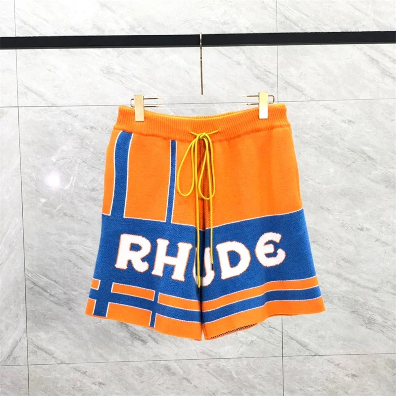 

23SS 2023 New Apricot Orange Rhude Knit Jacquard Shorts Patchwork Real Tag Yellow Drawstring Breeches Techwear