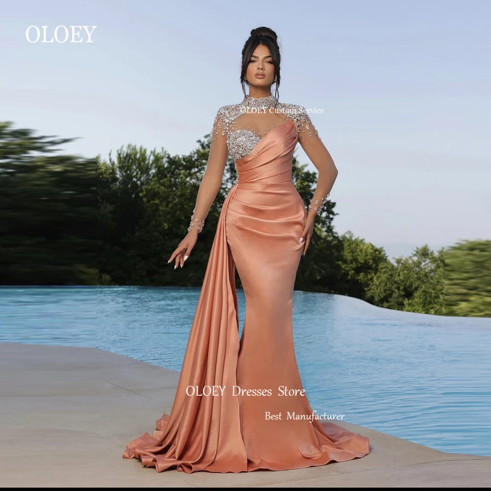 

OLOEY Elegant Blush Mermaid Evening Dresses With Detachable Train Long Sleeves Shiny Beads High Neck Prom Gowns Formal Party