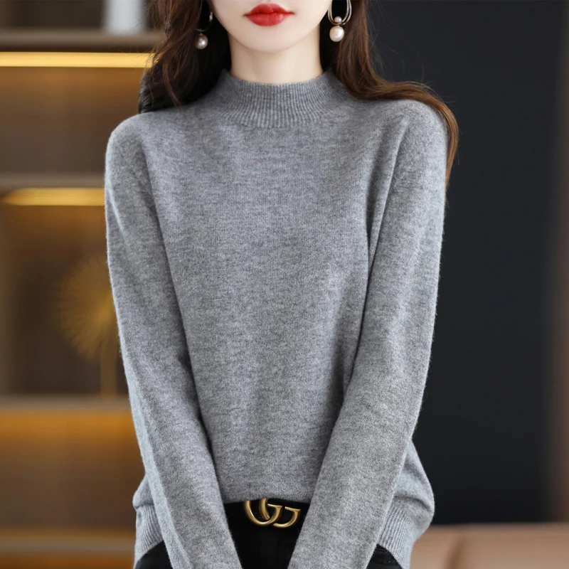 

100% Pure Woolen Sweater Women's Autumn And Winter Fashion New Line Of Ready-To-Wear Semi-Turtleneck Style Knitted Bottom Shirt