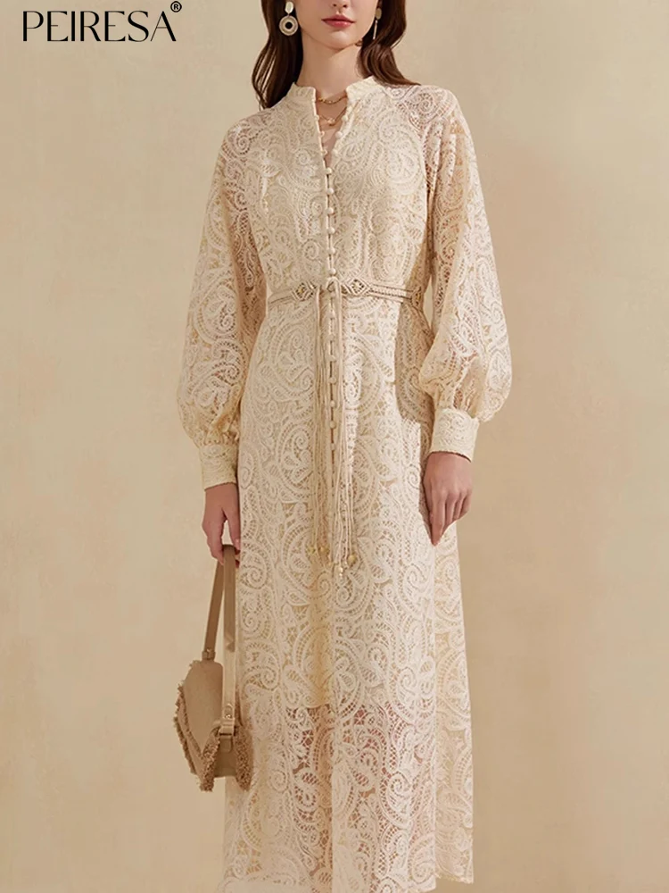 PEIRESA Fashion Designer Floral Embroidery Hollow Out Lace Dresses for Women Stand Neck Lantern Sleeve Slim Waist Long Dress
PEIRESA Fashion Designer Floral Embroidery Hollow Out Lace Dresses for Women Stand Neck Lantern Sleeve Slim Waist Long Dress