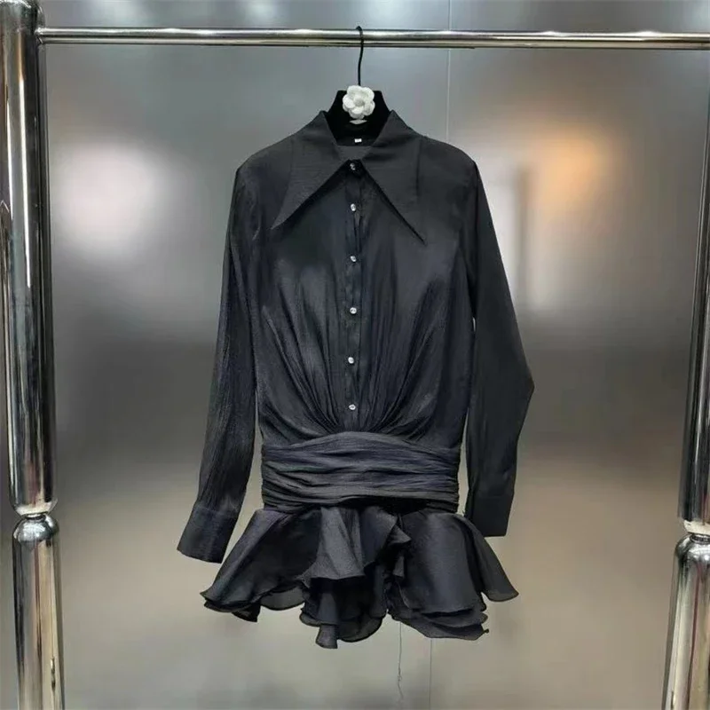 TARUXY Sexy Ruffled Single-Breasted Shirt Dress For Women Solid Color Lapel Collar Micro Perspective Long-Sleeved Ruched Dress TARUXY Sexy Ruffled Single-Breasted Shirt Dress For Women Solid Color Lapel Collar Micro Perspective Long-Sleeved Ruched Dress