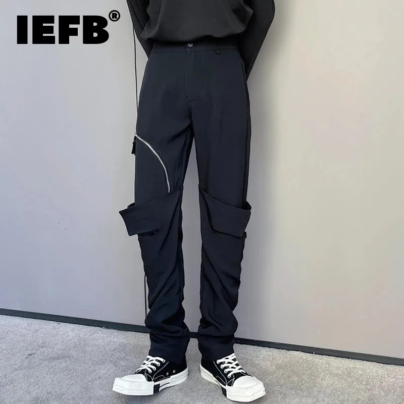 

Мужские повседневные брюки IEFB, нишевой дизайн, украшение на молнии, однотонные, пэчворк, мужские прямые брюки, новинка весны, стильные 9C4780