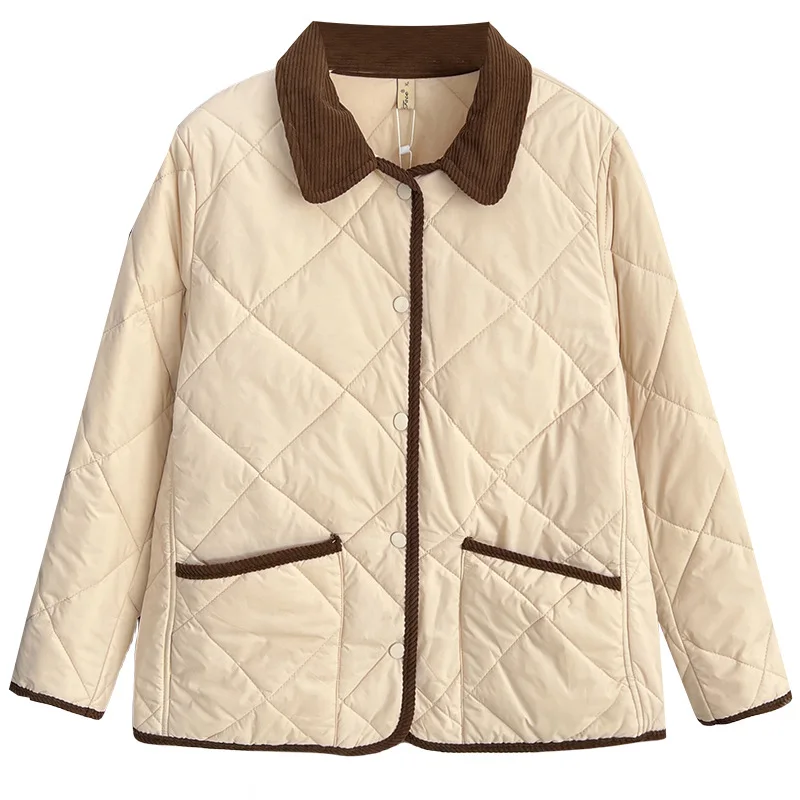 

Plus Size Women's Casual Warm Parka Autumn And Winter 100KG Simple Contrast Color Lapel Thin Cotton-padded Coat