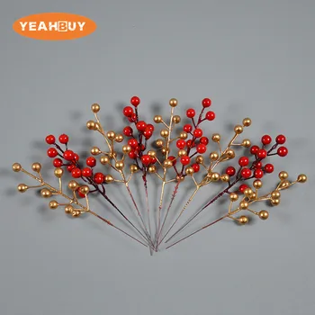 8Pcs Christmas Accessories Gold Red Berry Bean Twig Branch For DIY Xmas Handmade Flower Bouquet Decoration Artificial Flower