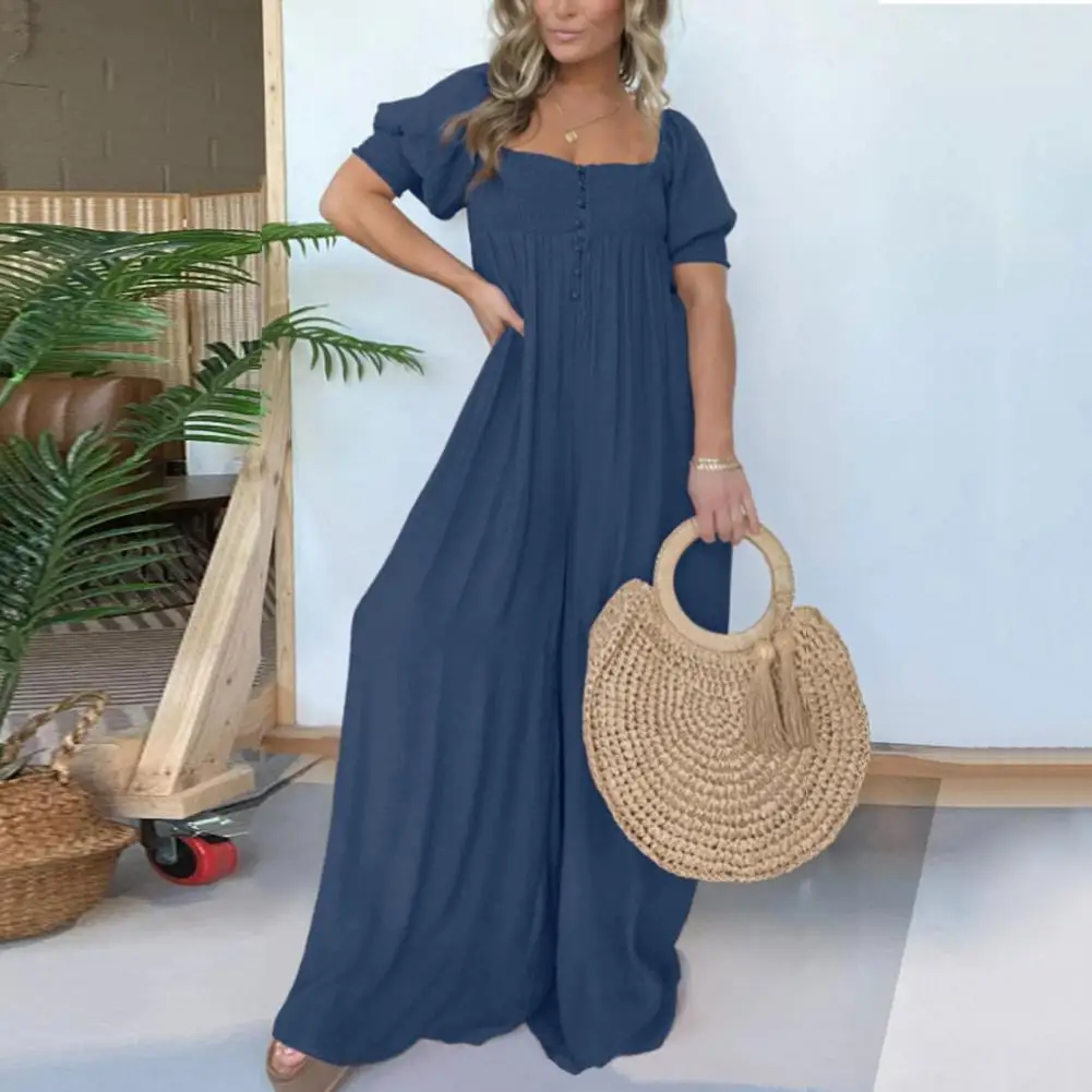 

Loose Jumpsuit Elegant Square Neck Wide Leg Jumpsuit for Women Shirring Lantern Sleeves High Waist Solid Color Pleated Loose