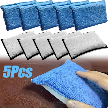 5Pcs Microfiber Car Cleaning Pad Double Side Leather Scrubbing Sponge Soft Car Detailing Wash Sponge Car Interior Cleaning Tools