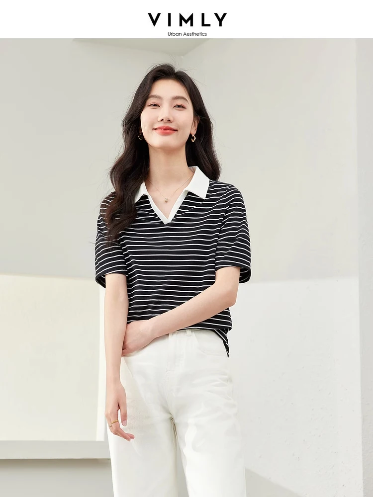 

Vimly Contrast Striped Polo Collar T-shirt Woman 2024 Summer Clothing Casual Short Sleeve Top Women Cotton Pullover Tshirt M6899