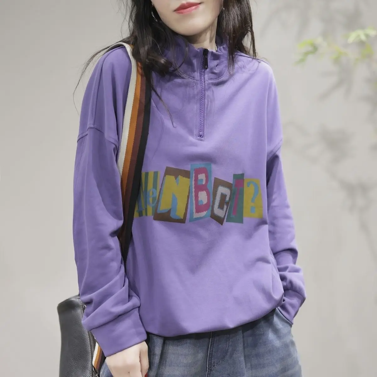 

Top with Orint on Purple Text Zipper Woman Clothing Hip Hop Full Zip Up Women's Sweatshirt Letter Printing Emo Kpop Dropshiping